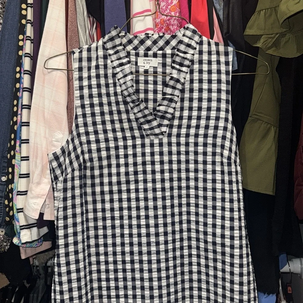 Crown & Ivy Navy Gingham Sleeveless Ruffle Collar Dress Size 2 - Picture 2 of 7